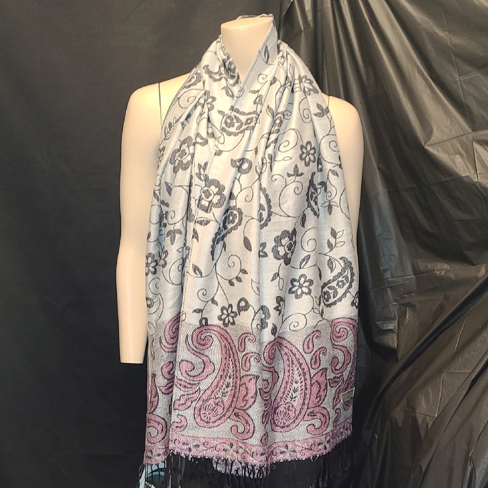 Pashmina Floral Paisley Scarf in Pink, Grey and Black 74" X 27"